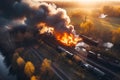 Drone view Train derailed exploding with fire and smoke. Generative AI illustration