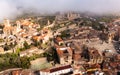 Drone view of Trujillo with Plaza Mayor, Alcazaba and Temple of Santa Maria