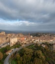 drone view of the Tuscan hilltop village and wine capital of Montepulciano