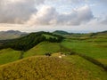 Drone view of typical azores landscape coastal with cows in a rural aerial view. Bird eye view, aerial panoramic point of view. Po