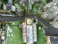 Drone view of a typical English church showing its spire and roof structure. Royalty Free Stock Photo