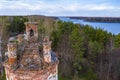 View from the drone of the upper part of the half-dispersed church on the banks of the Uvodsky reservoir, Egoriy village, Ivanovo