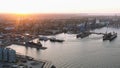 Drone view of urban sea port with grain terminals.