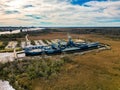 Drone view of the USS North Carolina Battleship Memorial under the cloudy blue sky Royalty Free Stock Photo