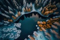 Drone view of winter landscape with pine forest covered with snow and mountain lake. Snowy fir tree in beauty nature scenery from Royalty Free Stock Photo