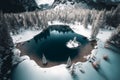 Drone view of winter landscape with pine forest covered with snow and mountain lake. Snowy fir tree in beauty nature scenery from Royalty Free Stock Photo