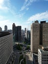 Drone view of the Woodward Avenue skyscraper towers in Downtown Detroit, Michigan at daylight