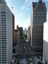 Drone view of the Woodward Avenue skyscraper towers in Downtown Detroit, Michigan at daylight