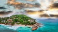 Drone viewpoint of Anse Patates, La Digue Island, Seychelles