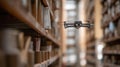 A drone weaves through tall library shelves, capturing the vast collection inside Royalty Free Stock Photo