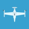 Drone white color top view vector icon. Flight equipment travel transport wireless camera business. Flat robot industry