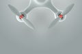 Drone, white quadrocopter on a white background with copy space. Top view, flat lay. The concept of technology, robotization,