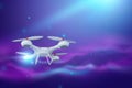 Drone, white quadrocopter on violet background with copy space. The concept of technology, robotization, computerization. 3D