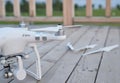 Drone on a wooden surface with removed blades Royalty Free Stock Photo