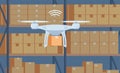 Drone working in modern warehouse. Robotics technology concept, fast delivery, artificial intelligence. Vector illustration