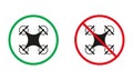 Drone Zone Warning Signs. Remote Control Quadcopter Silhouette Icons Set. Unmanned Camera Allowed, Aerial Camera