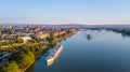 Drones aerial view of the city Mainz and river Rhine Tavel Germany