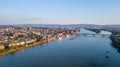 Drones aerial view of the city Mainz and river Rhine Tavel Germany