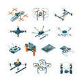 Drones. Aircraft innovation aerial technique vector aviation pictures isometric