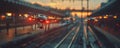 Drones capturing footage at a train station during sunset Royalty Free Stock Photo