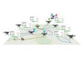 Drones delivering payloads across urban map with real-time data Royalty Free Stock Photo