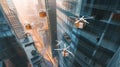 Drones delivery in action: modern city living witnesses parcel transfer between skyscrapers