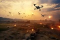 Drones fighting above bombarded battlefield, Ukraine Russia war, Generative AI