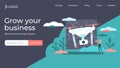 Drones flat tiny persons vector illustration landing page template design.