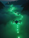 Drones flying through fog, creating a mesmerizing green light trail Royalty Free Stock Photo