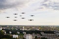 Drones flying over the houses of the city of Minsk. Urban landscape with drones flying over it.Quadrocopters fly over the city Royalty Free Stock Photo