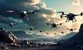 Drones Flying Over Post Apocalyptic Landscape Surveying Ruins and Destruction Beneath Dramatic Clouded Sky at Dusk Royalty Free Stock Photo