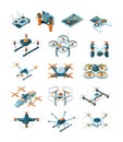 Drones isometric. Aircraft future modern technologies transport unmanned aviation vector set