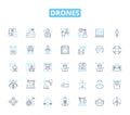 Drones linear icons set. Flying, Quadcopters, Remote-controlled, Unmanned, Hovering, Aerial, Surveillance line vector