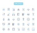 Drones linear icons set. Flying, Quadcopters, Remote-controlled, Unmanned, Hovering, Aerial, Surveillance line vector