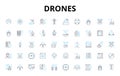 Drones linear icons set. Flying, Quadcopters, Remote-controlled, Unmanned, Hovering, Aerial, Surveillance vector symbols