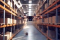 Drones navigating through an advanced smart warehouse environment at twilight, showcasing innovative logistics solutions