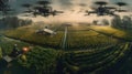 Drones over the field photo realistic illustration - Generative AI.