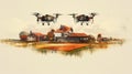 Drones over the field photo realistic illustration - Generative AI.