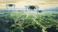 Drones over the field photo realistic illustration - Generative AI.