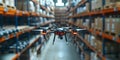 Drones scan barcodes in warehouse aisles optimizing inventory management with tech. Concept