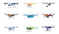 Drones for various tasks, surveillance, video recording, delivery of goods. Unmanned personal aircraft. Vector