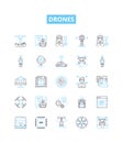 Drones vector line icons set. Drones, quadcopters, UAVs, flying robots, multi-rotor, autonomous, remote control