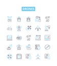 Drones vector line icons set. Drones, quadcopters, UAVs, flying robots, multi-rotor, autonomous, remote control