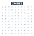 Drones vector line icons set. Drones, quadcopters, UAVs, flying robots, multi-rotor, autonomous, remote control