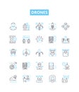 Drones vector line icons set. Drones, quadcopters, UAVs, flying robots, multi-rotor, autonomous, remote control