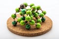 DronesEye View of an Abstract Molecular Structure Intricate Arrangement of Green and Brown Spheres on a Cork Base Royalty Free Stock Photo