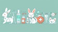 Droodle concept with veterinarian, pets dog, cat or hare and outline icons. Home animals medicine care, veterinary Royalty Free Stock Photo