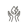 Drop and bolt symbols with hands. Vector thin line icon linear stroke outline illustration. Electricity and water, renewable