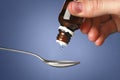 Drop of cough medication dripping into teaspoon