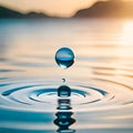 Drop of crystal clear water plummets into a glassy lake, creating a ripple effect. AI-generated. Royalty Free Stock Photo